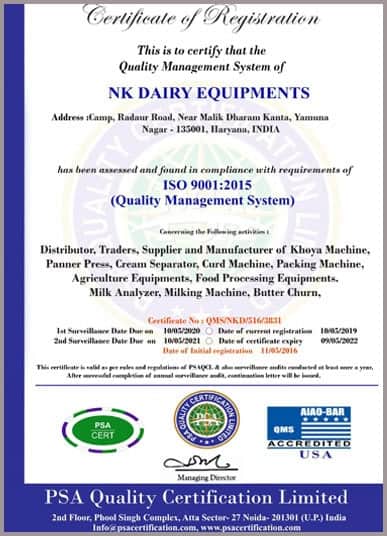 NK Dairy Equipments ISO 9001:2015 Certification